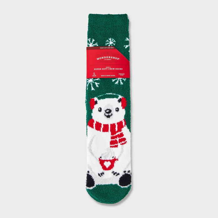 Men's Winter Polar Bear Cozy Crew Socks with Gift Card Holder - Wondershop Dark Green 6 -12