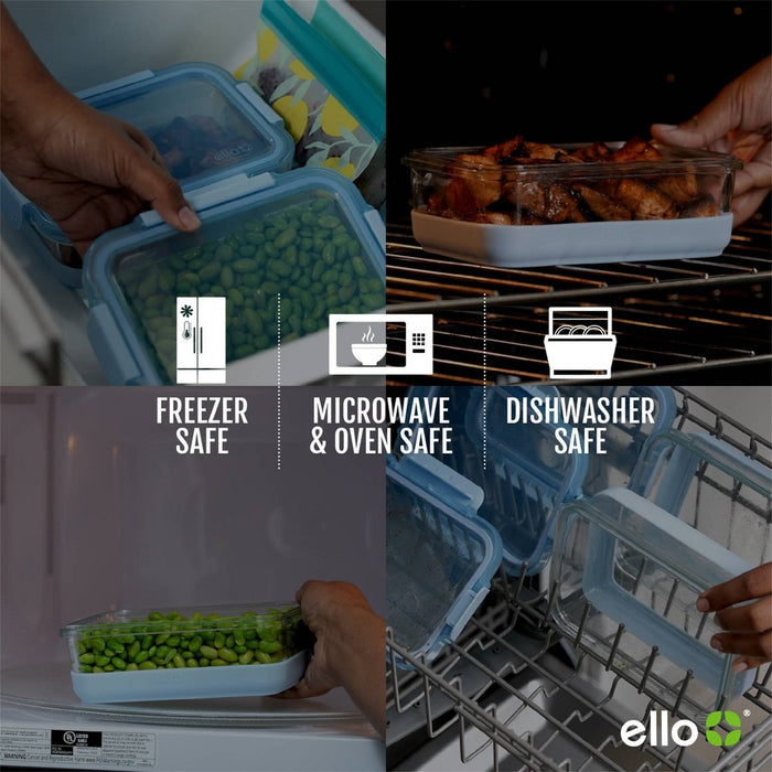 Ello Refresh 5 Cup Glass Food Storage Container Blue: BPA-Free, Microwave & Oven Safe, Dishwasher Safe, Freezer Safe