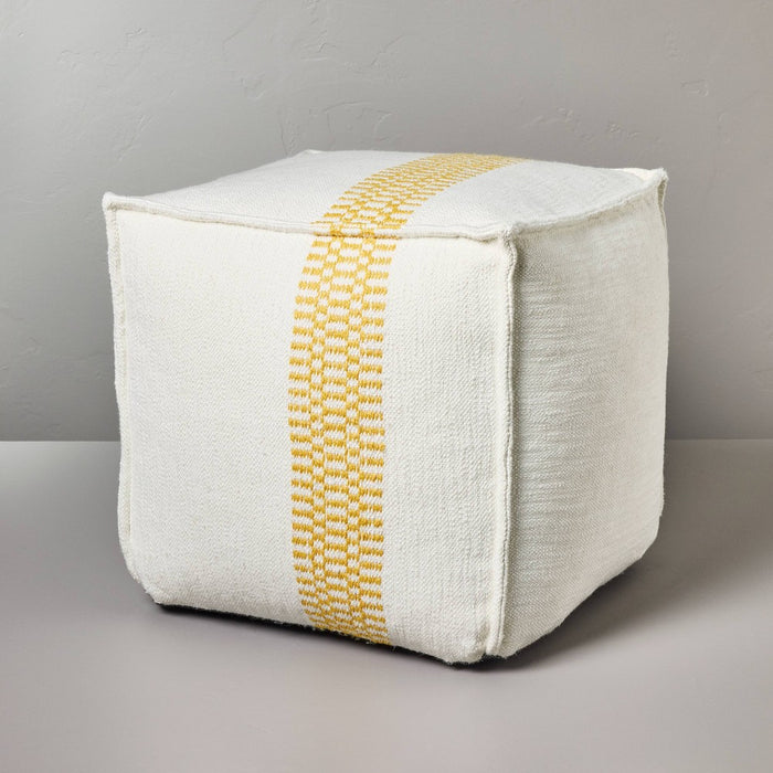 Checkered Stripe Indoor/Outdoor Ottoman Pouf Cream/Gold - Hearth & Hand with Magnolia: Weather-Resistant, No Assembly Required
