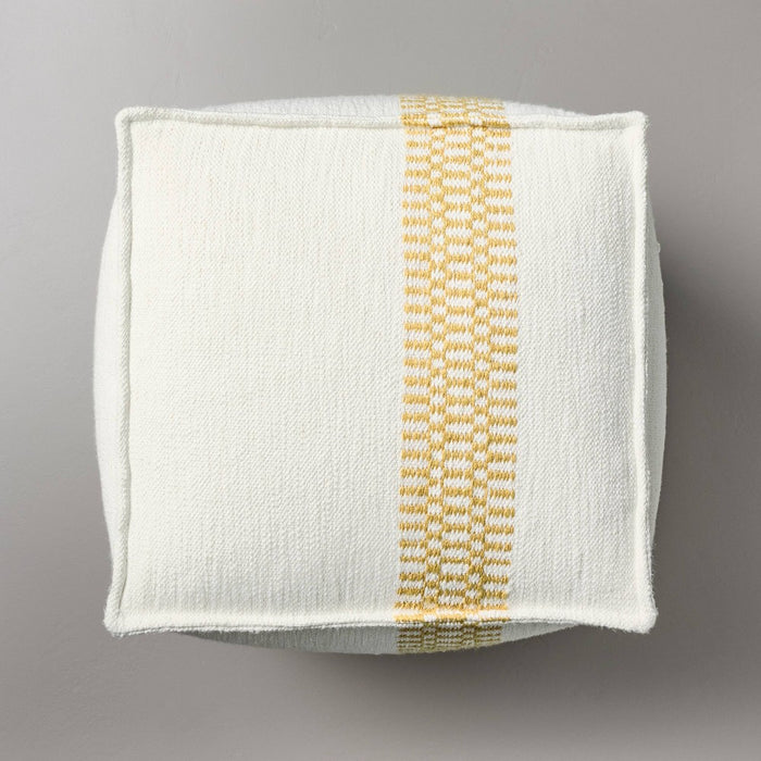 Checkered Stripe Indoor/Outdoor Ottoman Pouf Cream/Gold - Hearth & Hand with Magnolia: Weather-Resistant, No Assembly Required
