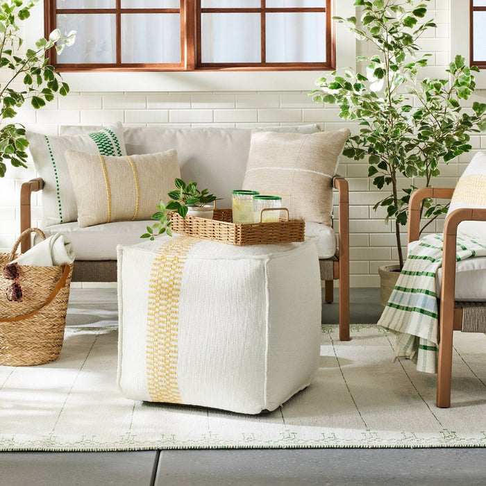 Checkered Stripe Indoor/Outdoor Ottoman Pouf Cream/Gold - Hearth & Hand with Magnolia: Weather-Resistant, No Assembly Required