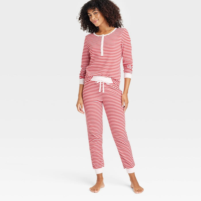 Women's Striped Thermal Long Sleeve Henley Top and Jogger Pants Pajama Set - Auden Red S