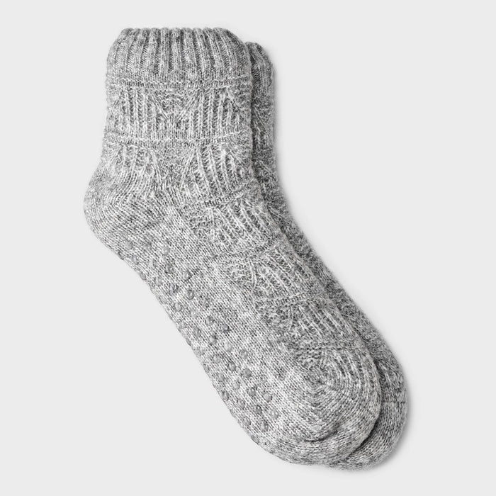 Women's Pointelle Sweater Knit Reading Ankle Socks with Faux Shearling Lining and Grippers - Heather Gray 4-10