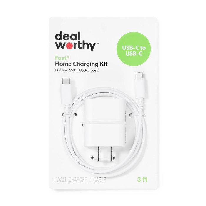 2-Port 25W Wall Charger with 3' USB-C to USB-C Cable - dealworthy White
