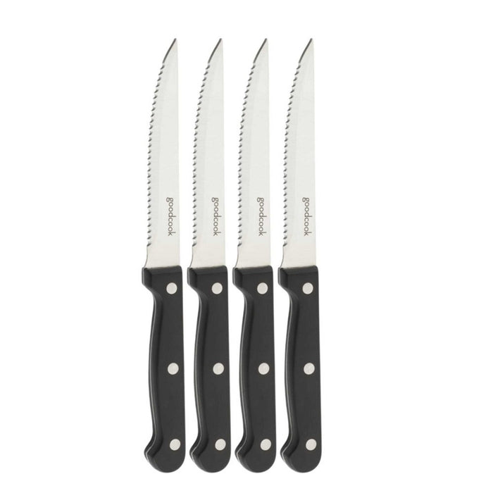 GoodCook Ready 4pc Triple Rivet Steak Knife Set: High Carbon Stainless Steel Blades, Black Handles, Hand Wash