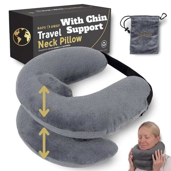 Naps Away Inflatable Travel Neck Pillow | Worn In Front For Chin & Jaw Support | 2 Adjustable Zones | Airplane Pillow With Great Neck Support | Soft Cover | Patent Pending | Airplane Neck Pillow