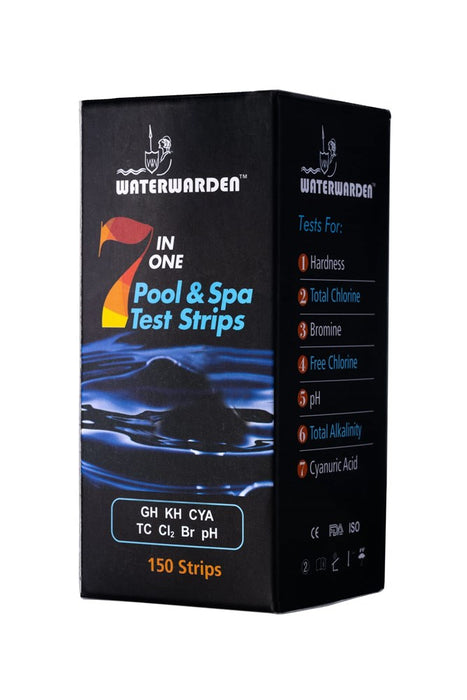 Waterwarden 7-Way Pool Testing Strips - Pool, Hot Tub And Spa Water Test Strips - 150 Strips And A Free Pool Maintenance Ebook - Measures Hardness, Chlorine, Bromine, Ph, Cyanuric Acid & Alkalinity