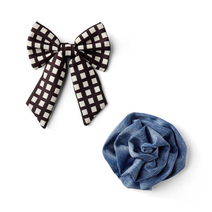 Dog and Cat Bow & Rosette Set - Squares/Blue Twill - The Cuddle Collab with Zelda, Titus & Brave