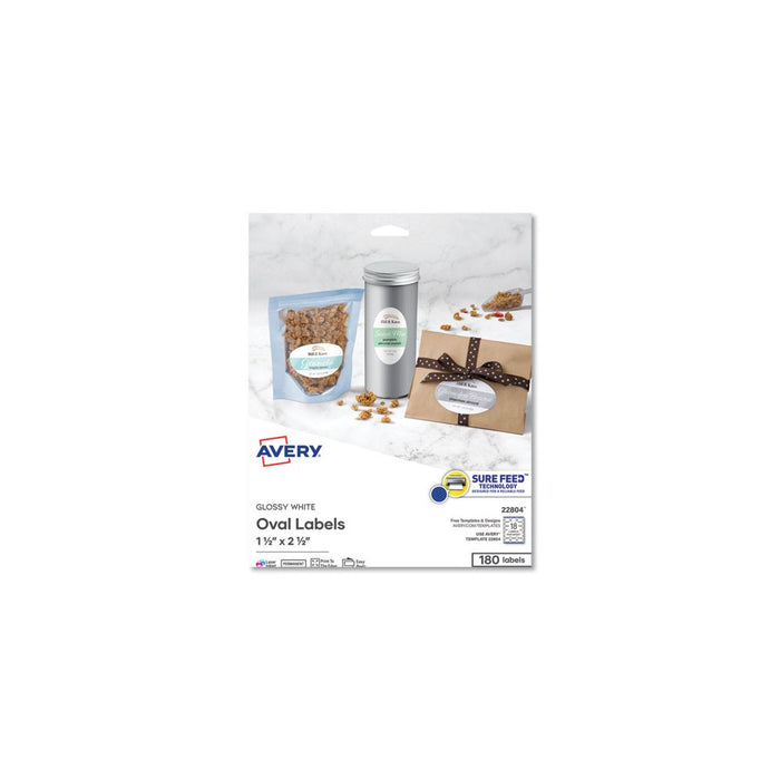 Avery Oval Labels with Sure Feed and Easy Peel, 1.5 x 2.5, Glossy White, 180/Pack