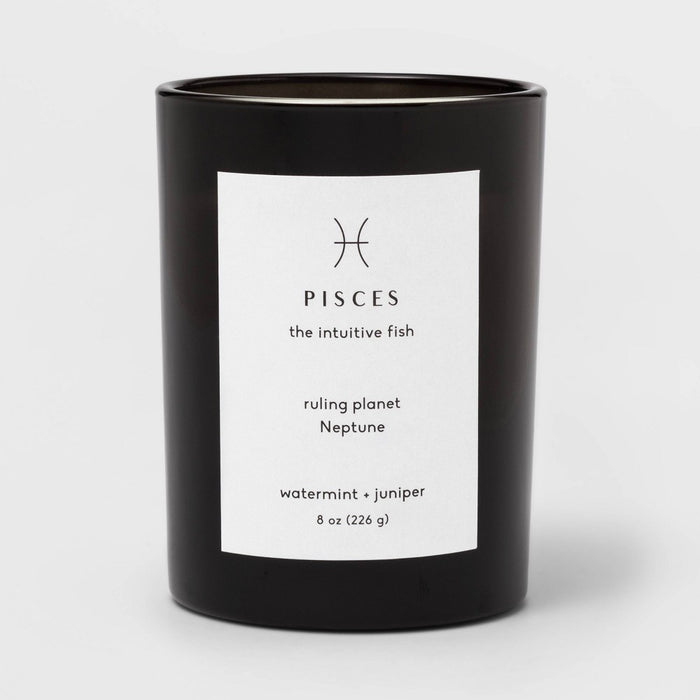 8oz Glass Jar Zodiac Pisces Candle Black - Threshold: Soy & Paraffin Wax, 36hr Burn Time, Juniper Mint Scent