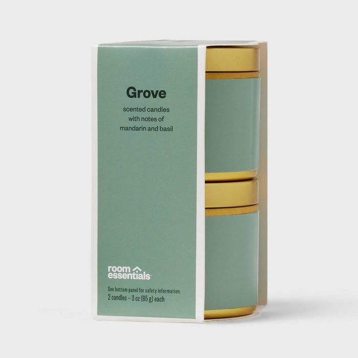 2pk 3oz Tin Gift Set Gove - Room Essentials: Soy Wax Blend Candles, Mandarin Basil Scent, Housewarming Gift