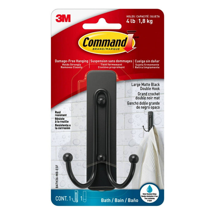 Command Large Double Hook Black: Metal Robe Hook, Unfinished Surface, Bathroom Hardware Set