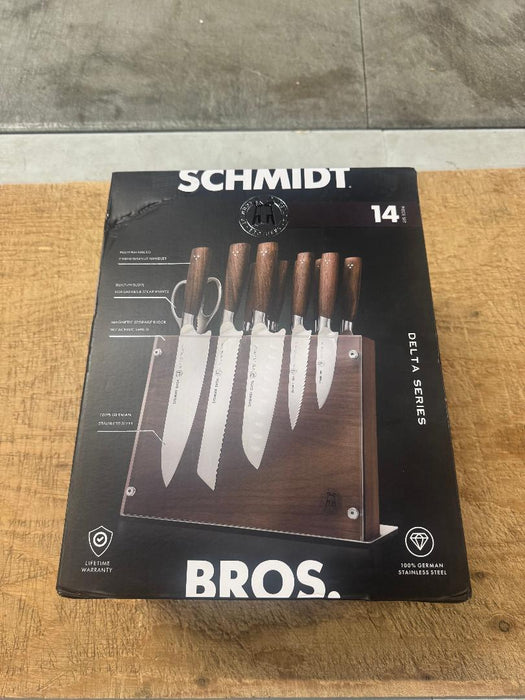 Schmidt Bros Cutlery 14pc Knife Block Set Delta: Stainless Steel Blades, Wood Handles, Includes Sharpener & Steak Knives