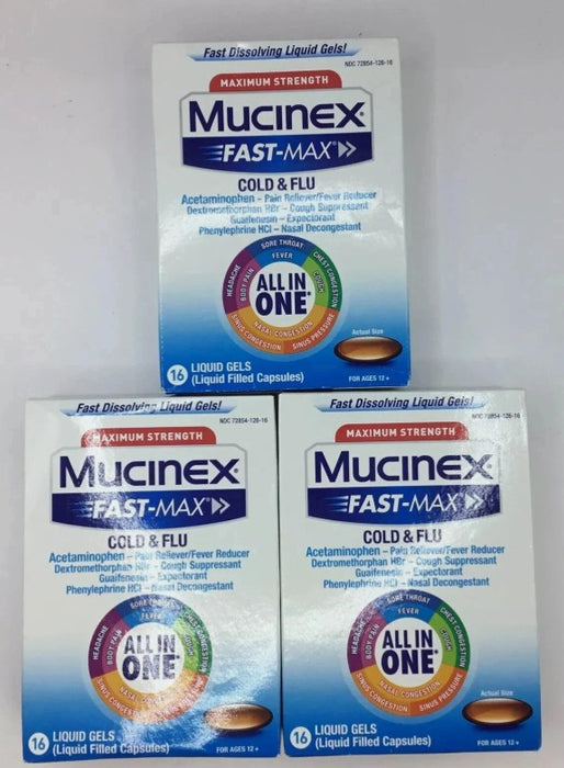 3 PACK!!!! Mucinex Max Strength Cold & Flu Medicine-Liquid Gels-16ct- EXP: 03/26
