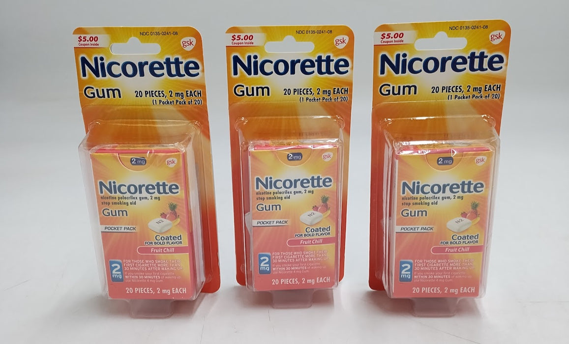 3 PACK!!! Nicorette 2mg Nicotine Gum -Fruit Chill-20ct EXP: 01/2027