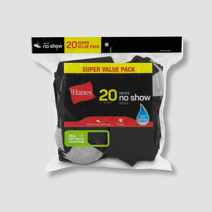 Hanes Men's No Show Super Value Socks 20pk - Black/Gray 6-12