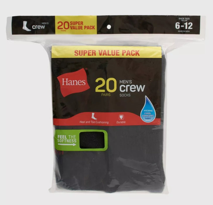 Hanes Men's Crew Super Value Socks 20pk - Black/Gray 6-12