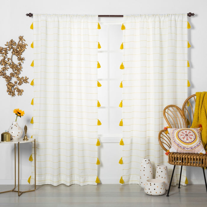 63"x54" Contrast Stripe Light Filtering Curtain Panels with Tassel Yellow/White - Opalhouse&