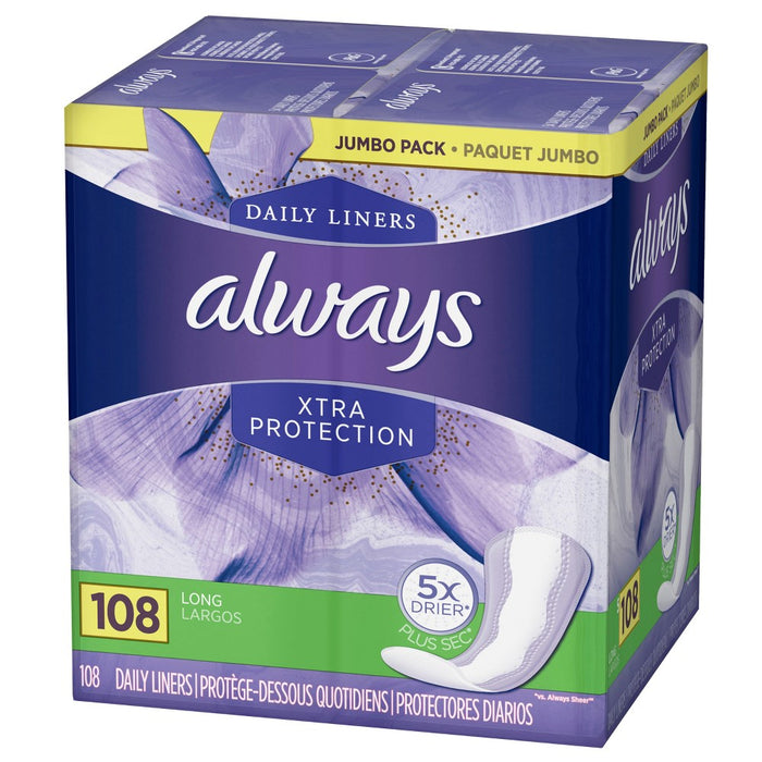 Always Dailies Xtra Protection Long Unscented Pantiliners - 108ct