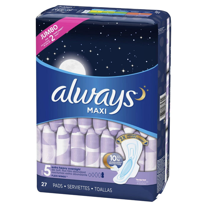Always Maxi Extra Heavy Overnight Pads With Wings - Size 5 - 27ct