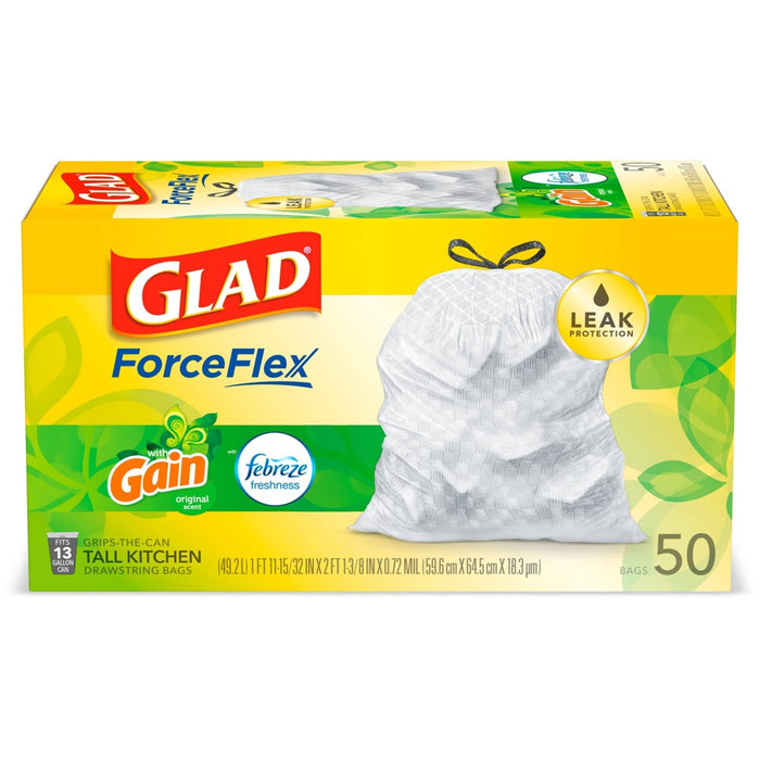 Glad Tall Kitchen Drawstring Trash Bags - OdorShield 13 Gallon - Gain Original with Febreze Freshness - 50 ct
