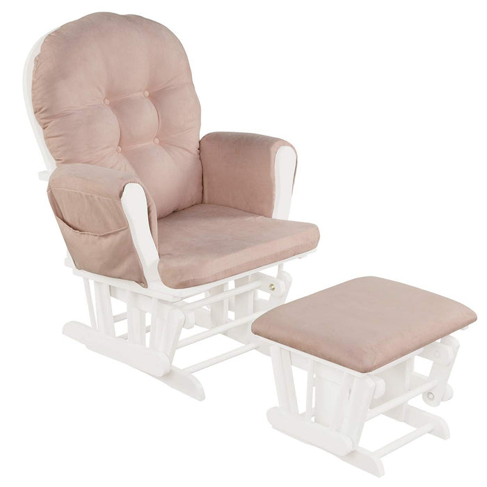 Costzon Nursery Glider With Ottoman, Upholstered Comfort Glider Rocker With Padded Cushion, Storage Pocket, Solid Wood Base, Rocking Chair Nursery For Breastfeeding, Napping (Pink) (LOCAL PICKUP ONLY)
