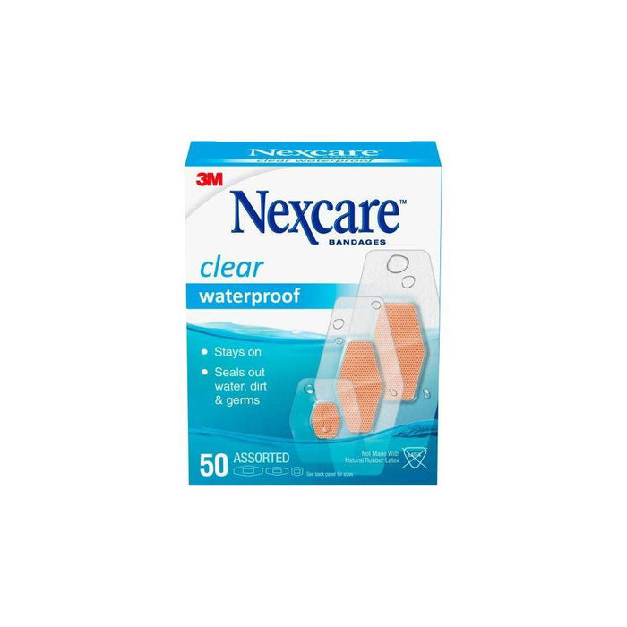 Nexcare Waterproof Bandages, Clear, Assorted, 50 ct