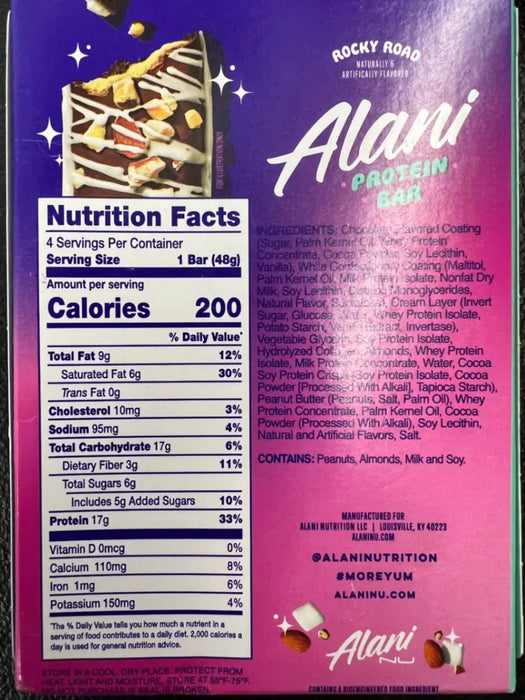 4 PK Alani Protein Bars Rocky Road 200 Calories Protein Bars Healthy Snacks