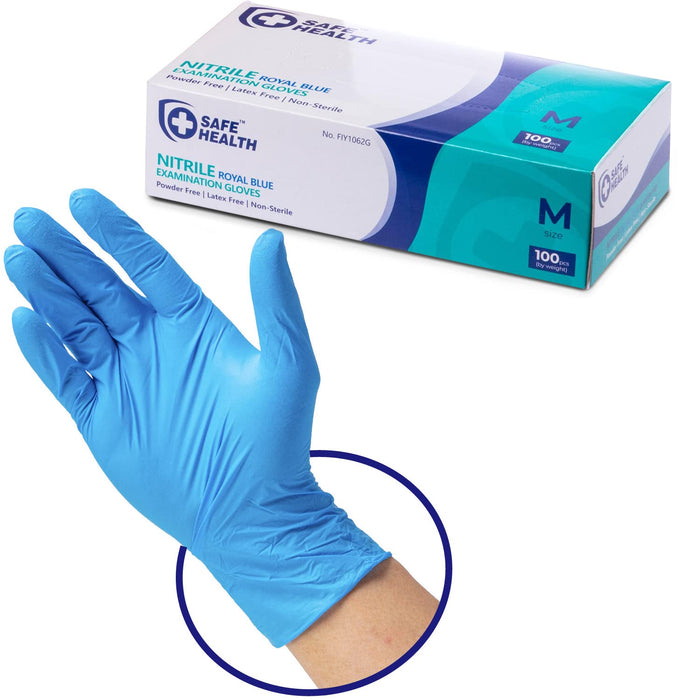 Safe Health Blue Nitrile Exam Gloves, 100-Count S M L XL, 3.5 Mil Free Of Powder-Latex, Disposable-Textured, Clinic-Office-Daily, Medical, First-Aid, Clinics, Medium (M) Box 100, FIY1062G