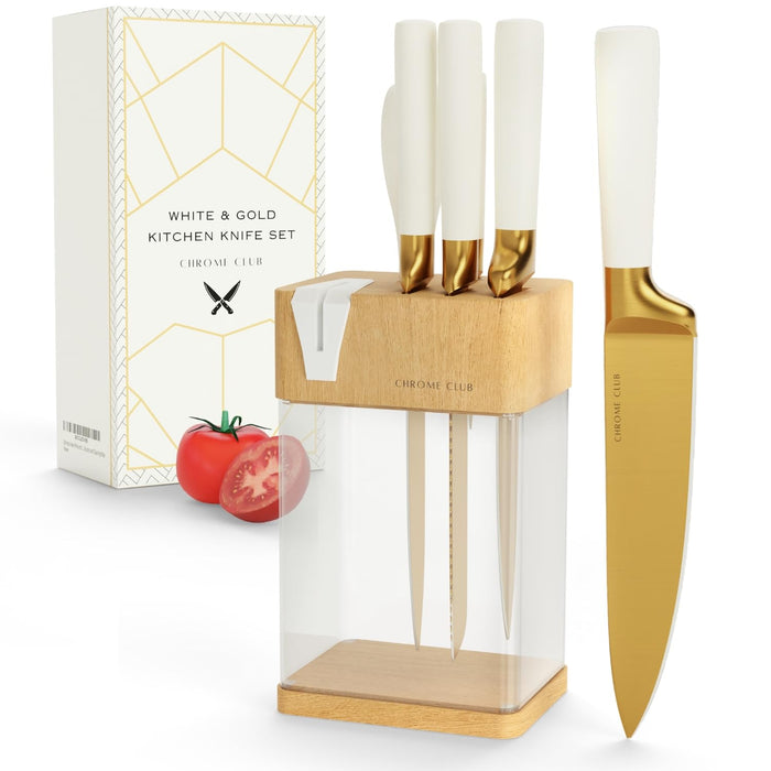CHROME CLUB pink And Gold Knife Set With Block - 7 Piece Gold Kitchen Knife Set With Sharpener - Vibrant White Knife Set With Kitchen Scissors And Wooden Block