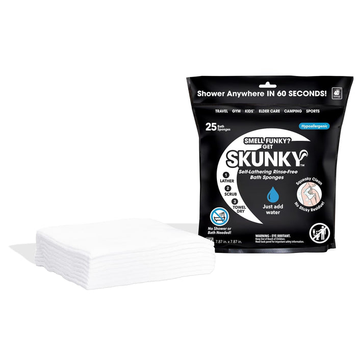Skunky Disposable Rinse-Free Bathing Sponge Wipes, AS-SEEN-ON-TV, Cleans Without A Shower, Just Add Water, Lather, Scrub & Dry With No Sticky Residue, Gym, Elder Care, Kids & More