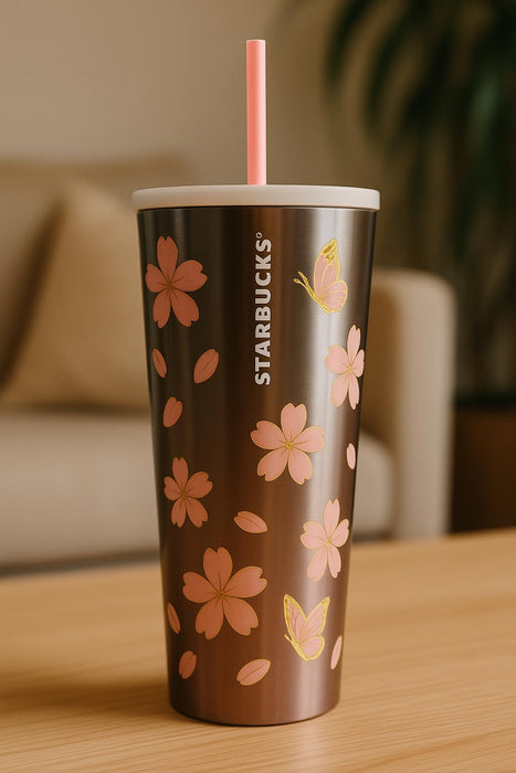 Starbucks 2025 Cherry Blossom Stainless Steel Tumbler, 24 Oz – Limited Edition Cold Cup With Sakura & Butterfly Artwork