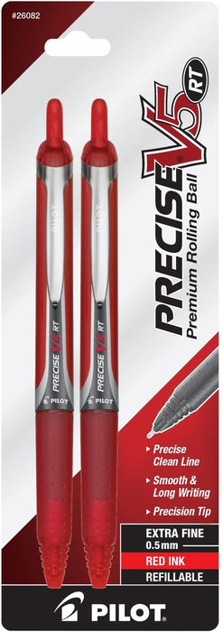 PILOT Precise V5 RT Refillable & Retractable Liquid Ink Rolling Ball Pens, Extra Fine Point (0.5Mm) Red Ink, 2-Pack (26082)