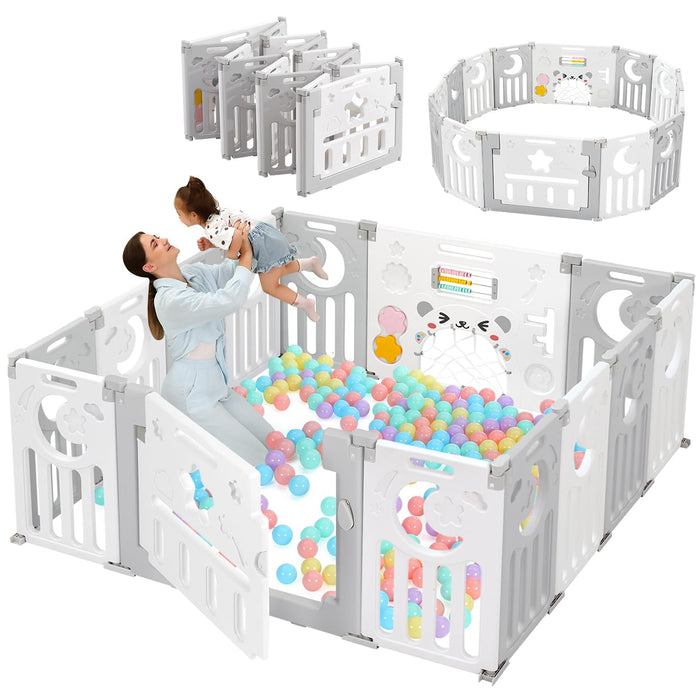 Baby Playpen, Dripex Baby Playard For Babies And Toddlers, 14-Panel Foldable Playpen Adjustable Portable Play Area, Indoor/Outdoor Kids Active Center With Game Panel & Safety Gate, Grey White (LOCAL PICKUP ONLY)