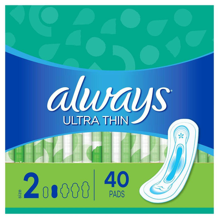 Always Ultra Thin Pads Size 2 Super Long Absorbency Unscented Without Wings - 40ct