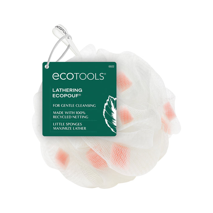 EcoTools Lathering Bath Pouf, White & Pink Loofah for Cleansing, for Adults, 1 Count