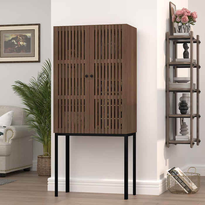 FIVESHOW Tall Legs Wine Bar Cabinet With Removable Racks - Multifunctional Pantry Storage For Kitchen, Dining & Living Room, Slat Door Wood Metal Design With Stemware Slots & Display Top (Brown) (LOCAL PICKUP ONLY)