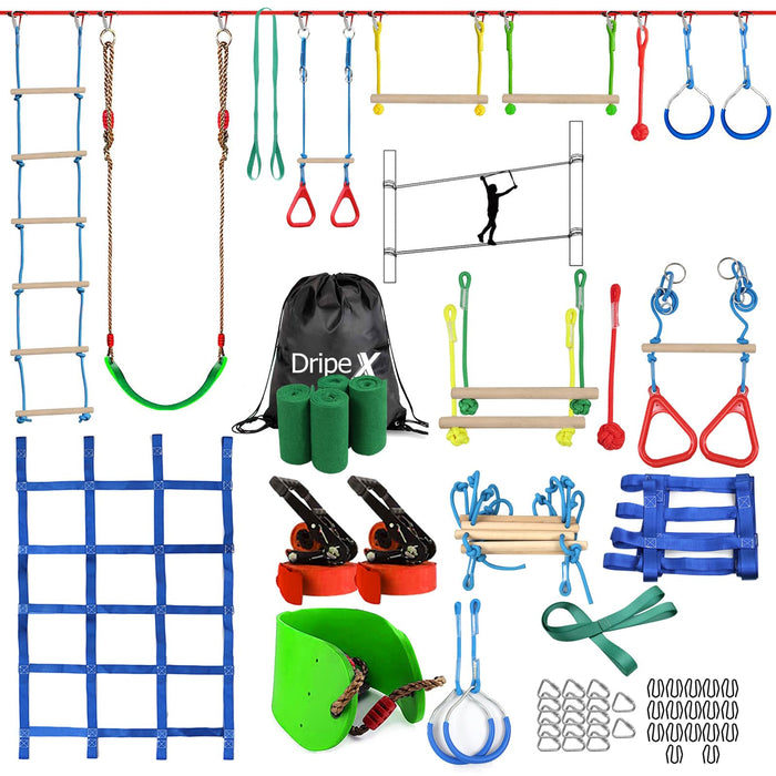 Ninja Warrior Obstacle Course For Kids Backyard - 2×50Ft Slackline Kit With 10 Most Complete Accessories For Boys & Girls, Swing, Rope Ladder, Gymnastic Ring, Climbing Net, Arm Trainer And Monkey Fist (LOCAL PICKUP ONLY)