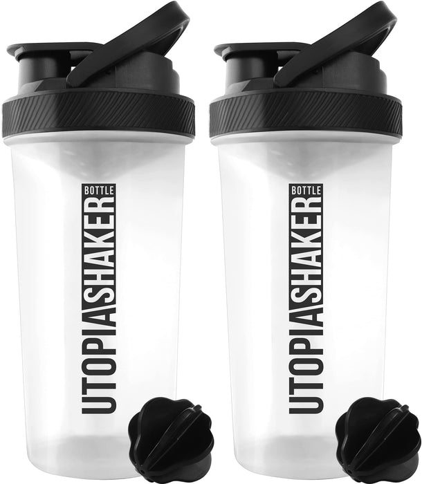 Utopia Home Protein Shaker Bottle - (Pack Of 2) 28-Ounce Shaker Bottles For Protein Mixes - Fitness Sports Classic Protein Mixer Shaker Bottle (Clear/Black)