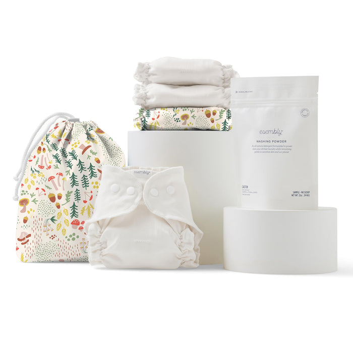 Esembly Try-It Kit - Cloth Diaper Starter Set With Organic Cotton Diapers, Waterproof Diaper Cover, Wet Bag, And Laundry Detergent - Fantastic Fungi, Size 1 (7-18Lbs)