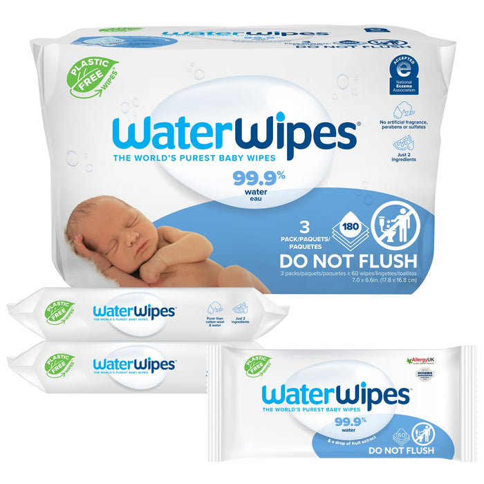 Waterwipes Plastic-Free Original Baby Wipes, 99.9% Water Based Wipes, Unscented & Hypoallergenic For Sensitive Skin, 180 Count (3 Packs), Packaging May Vary