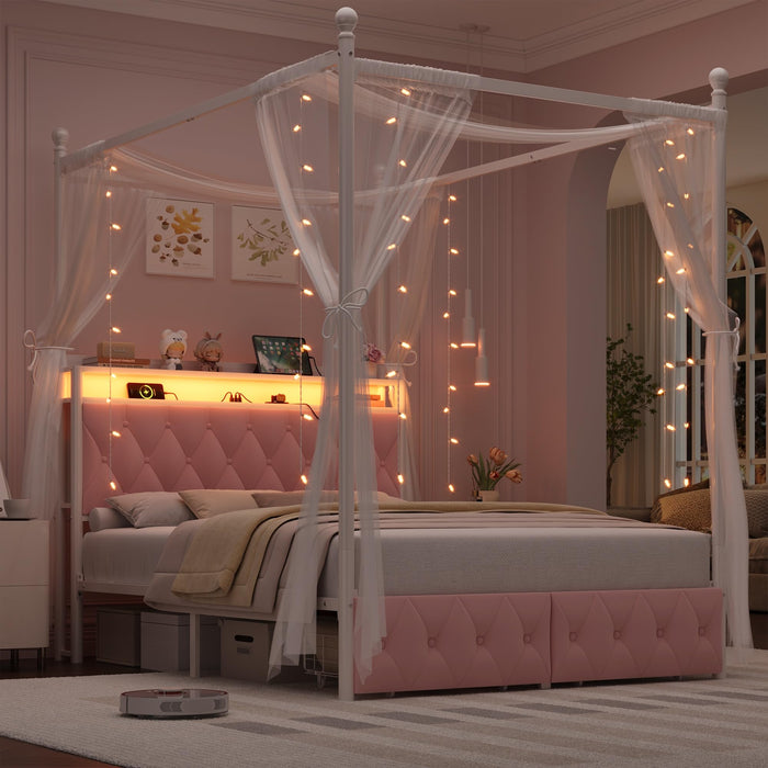HIFIT Queen Size Upholstered LED Canopy Bed Frame With Storage And Charging Station, Button Tufted Storage Headboard With Bookshelf, Two-Use Metal Platform Bed With 4 Removable Posts & 2 Drawers, Pink (LOCAL PICKUP ONLY)