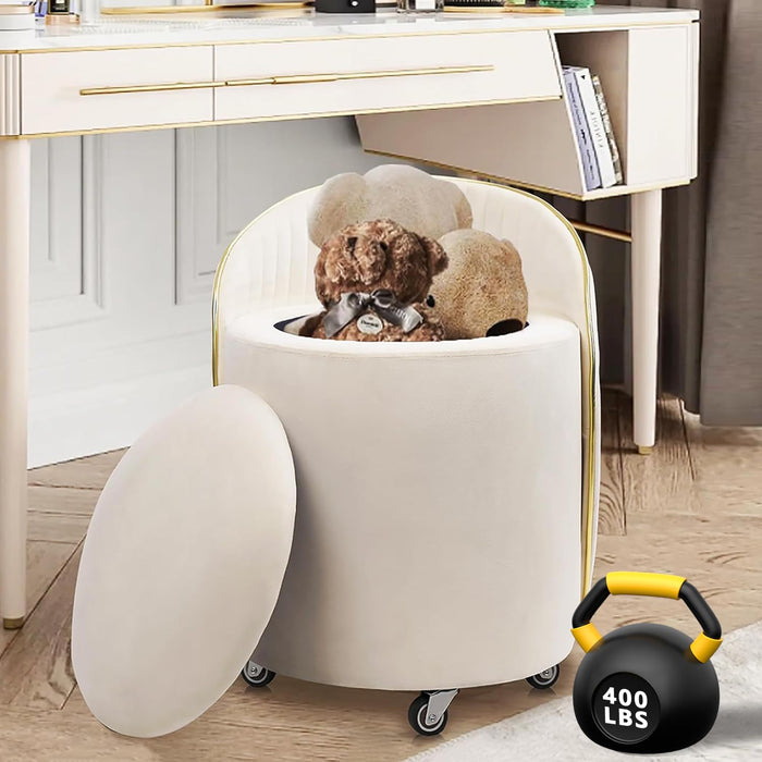 KLASIKA Round Storage Ottoman, Upholstered Velvet Vanity Stool With Lumbar Support, Swivel Rolling Wheels, Small Foot Stools Coffee Table Padded Seat For Makeup Room, Living Room, Bedroom Beige (LOCAL PICKUP ONLY)