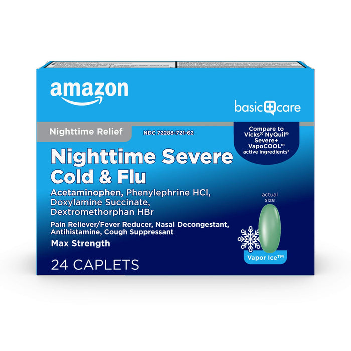 Amazon Basic Care Nighttime Severe Cold And Flu Coated Caplets, Temporarily Relieves Symptoms Like Runny Nose And Sneezing, Vapor Ice, 24 Count