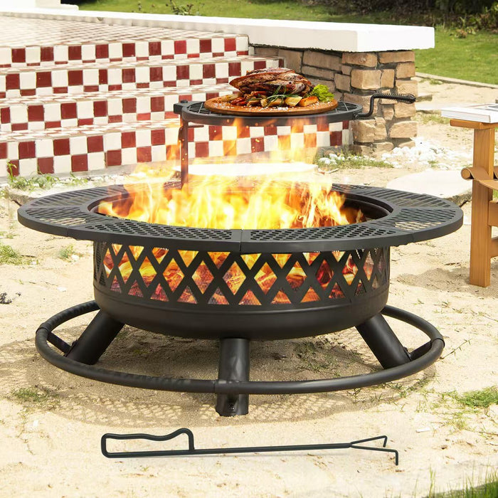 Panovue 42 Inch Outdoor Fire Pit With Grill, Large Firepit Table For Outside, Metal Round Firepits With Lid&Fire Poker,3 In 1 Wood Burning Fire Pits & Outdoor Fireplaces For Backyard,Patio(42'' Black) (LOCAL PICKUP ONLY)