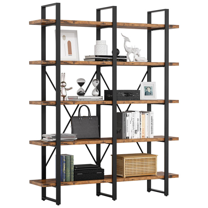 IRONCK Industrial Bookshelf And Bookcase Double Wide 5 Tier, Large Open Shelves, Wood And Metal Bookshelves For Home Office Furniture, Easy Assembly (LOCAL PICKUP ONLY)
