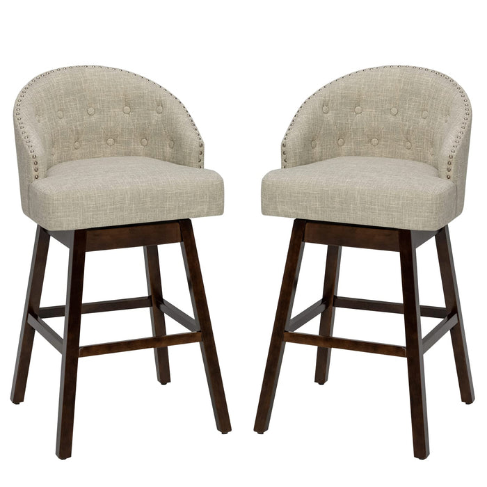 COSTWAY Bar Stools Set Of 2, 31’’ Swivel Bar Stools With Rubber Wood Legs & Padded Back, Breathable Linen Fabric, Stylish Tufted Design & Rivet Decoration, Adjustable Foot Pads (2, Beige + Brown) (LOCAL PICKUP ONLY)