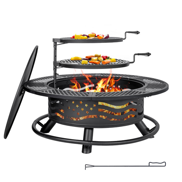 Panovue 42 Inch Fire Pit With 2 Cooking Grates, Outdoor Wood Burning BBQ Grill Firepit Bowl With Cover Lid, Steel Round Table For Backyard Bonfire Patio Picnic (Black, 42) (LOCAL PICKUP ONLY)