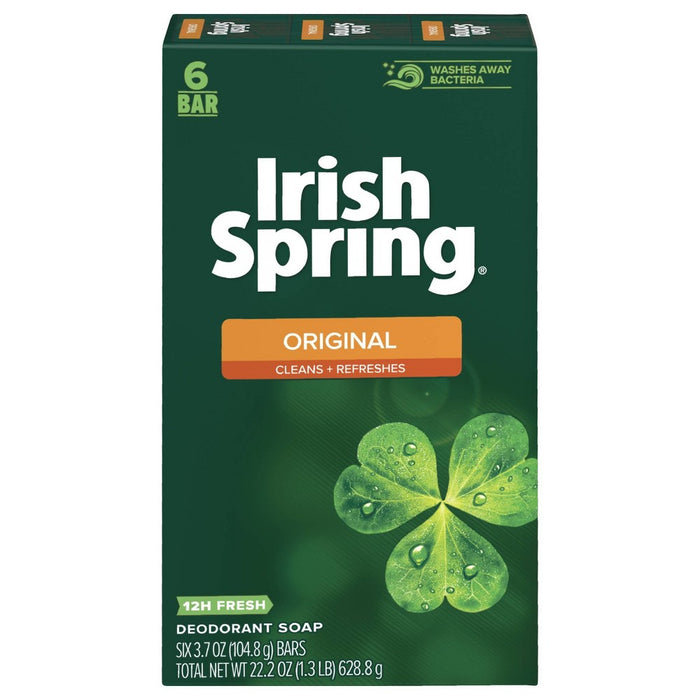 Irish Spring Original Mens Deodorant Bar Soap for Body and Hands - Washes Away Bacteria - 6pk - 3.7oz each