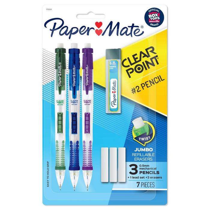 3pk #2 Mechanical Pencils with Lead/Eraser Refill ClearPoint .5mm Multicolor - PaperMate